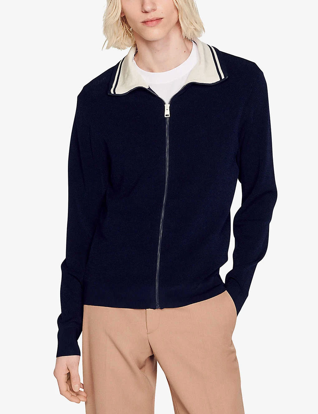 Sandro Striped-collar Zip-up Stretch-knitted Cardigan - Image 3