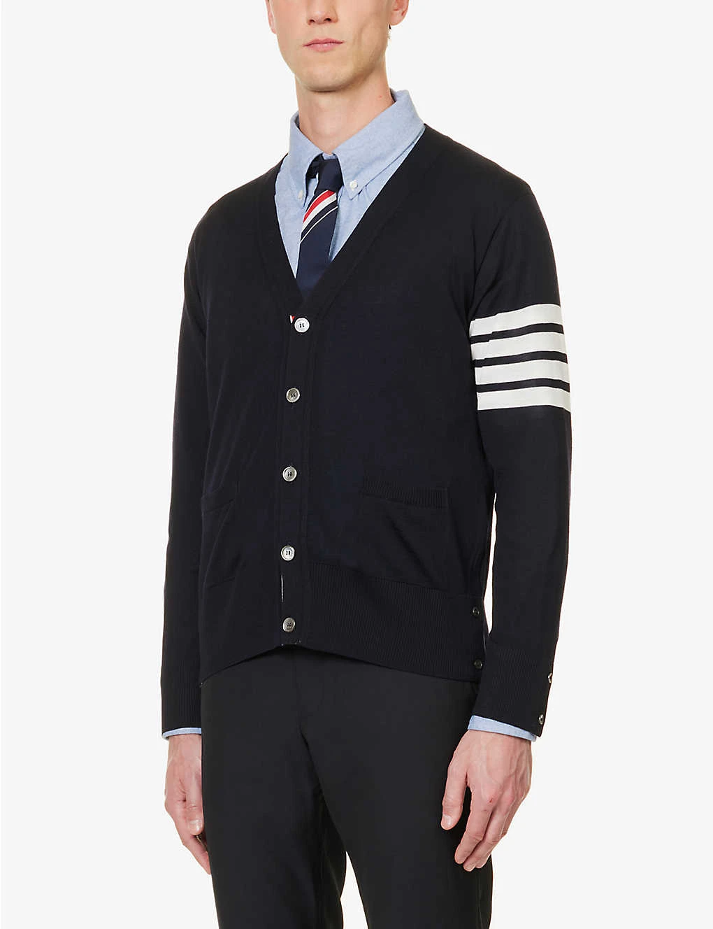 Four-bar V-neck Regular-fit Wool-knitted Cardigan - Image 3