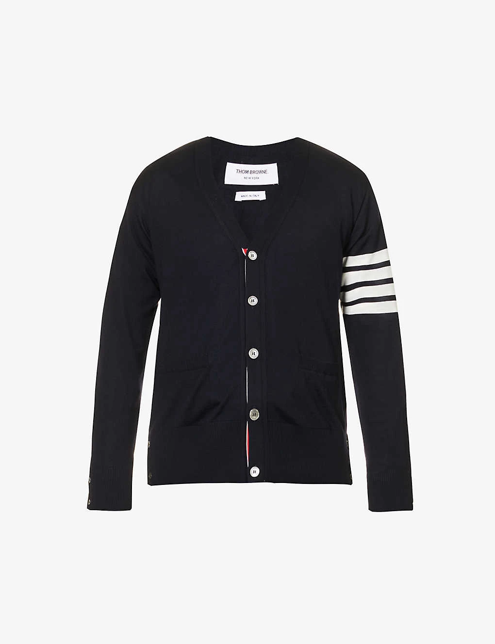 Four-bar V-neck Regular-fit Wool-knitted Cardigan