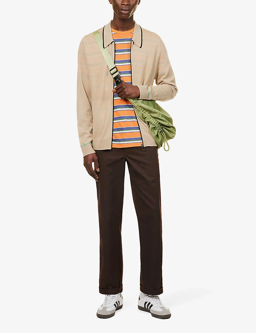 Contrast-panel Striped-pattern Regular-fit Wool-knit Cardigan - Image 2