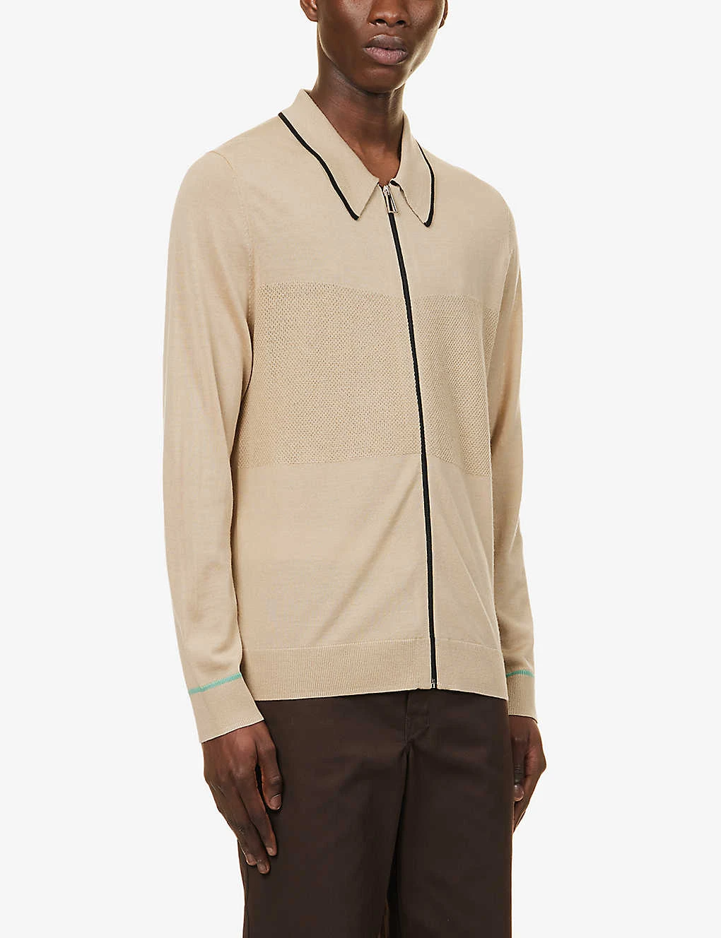 Contrast-panel Striped-pattern Regular-fit Wool-knit Cardigan - Image 3