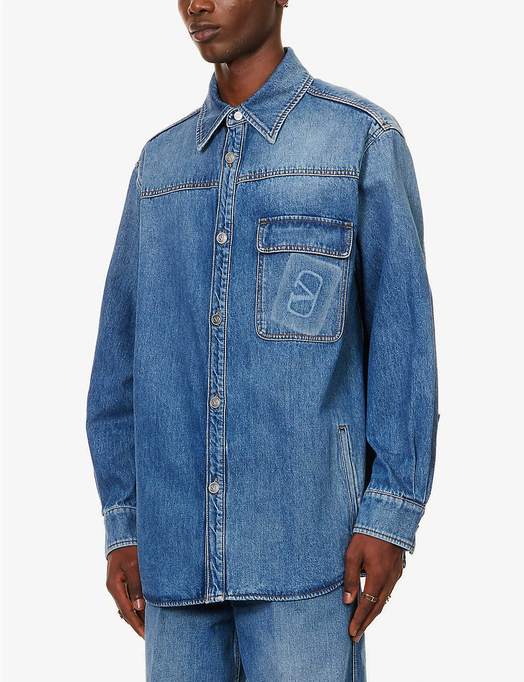 Valentino Branded-pocket Contrast-stitch Relaxed-fit Denim Overshirt - Image 3