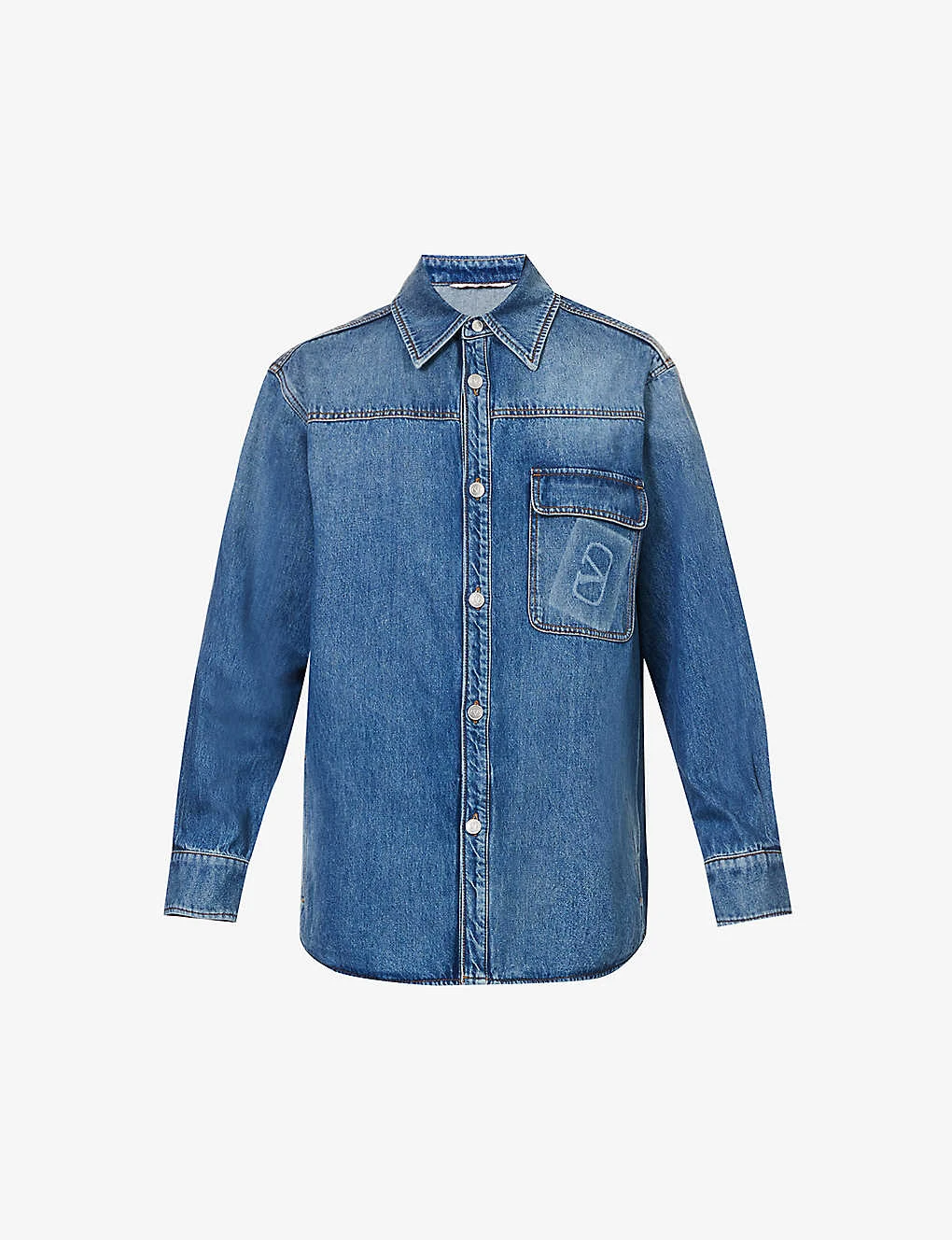 Valentino Branded-pocket Contrast-stitch Relaxed-fit Denim Overshirt