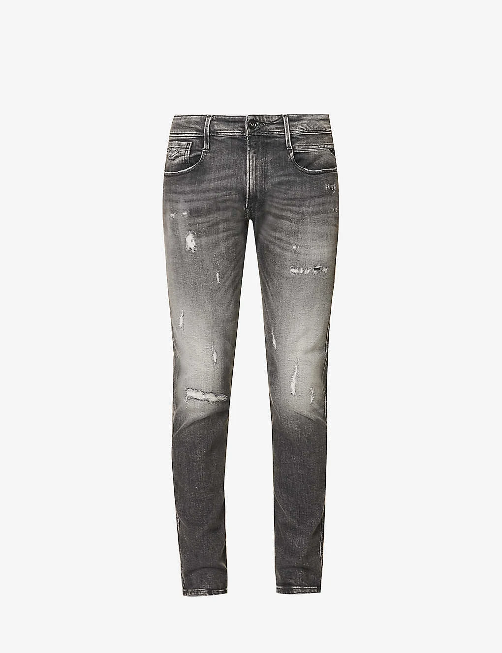 Replay Anbass Distressed Tapered-leg Slim-fit Stretch-denim Jeans